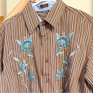 Stylish Brown Striped Shirt with Blue Floral Accents